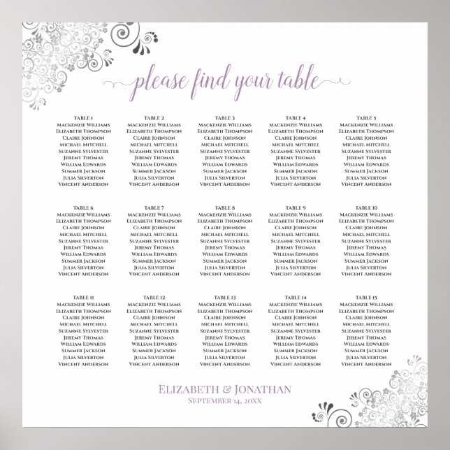 Lacy 15 Table Wedding Seating Chart White Lavender Poster (Vorne)