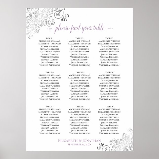 Lacy 9 Table Wedding Chart White Lavender Poster (Vorne)