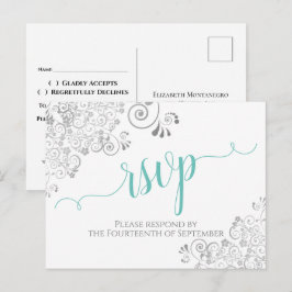 Lacy Aqua Calligraphy on White Wedding RSVP Postkarte