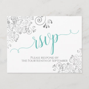 Lacy Aqua Calligraphy on White Wedding RSVP Postkarte