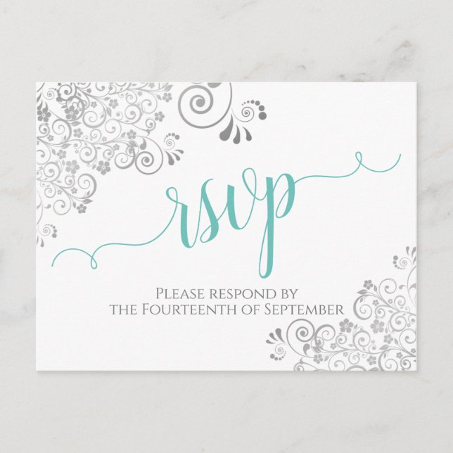 Lacy Aqua Calligraphy on White Wedding RSVP Postkarte (Vorderseite)