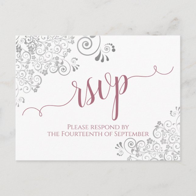 Lacy Calligraphy Dusty Rose White Wedding RSVP Postkarte (Vorderseite)