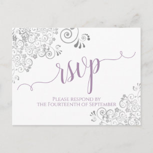 Lacy Calligraphy Lavender on White Wedding RSVP Postkarte