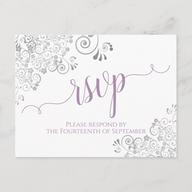 Lacy Calligraphy Lavender on White Wedding RSVP Postkarte (Vorderseite)