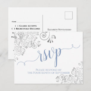 Lacy Calligraphy Light Blue on White Wedding RSVP Postkarte