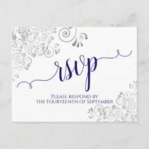 Lacy Calligraphy Navy Blue on White Wedding RSVP Postkarte