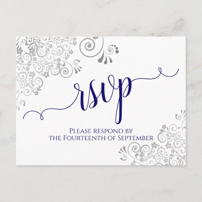 Lacy Calligraphy Navy Blue on White Wedding RSVP Postkarte (Vorderseite)