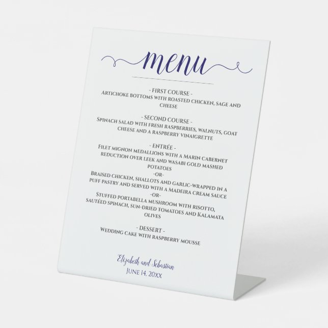 Lacy Calligraphy Navy Blue & White Wedding Menu Sockelschild (Vorderseite)
