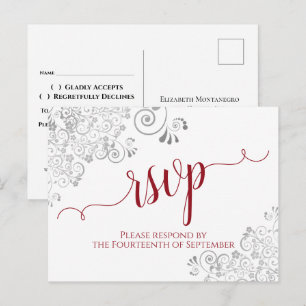 Lacy Calligraphy Red & White Wedding RSVP Postkarte