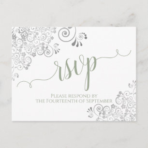 Lacy Calligraphy Sage Green White Wedding RSVP Postkarte