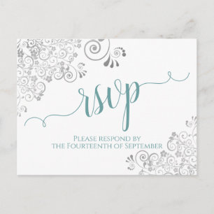 Lacy Calligraphy Teal & White Wedding RSVP Postkarte
