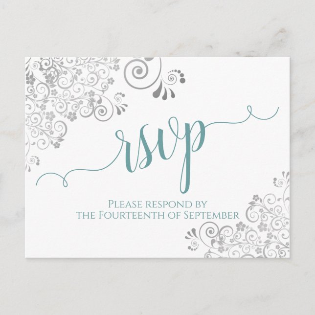 Lacy Calligraphy Teal & White Wedding RSVP Postkarte (Vorderseite)