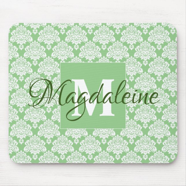 Lacy Damask Feminine Green & White Monogram & Name Mousepad (Vorne)