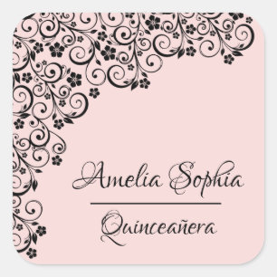 Lacy Elegant Quinceañera Blush Pink und Black Quadratischer Aufkleber