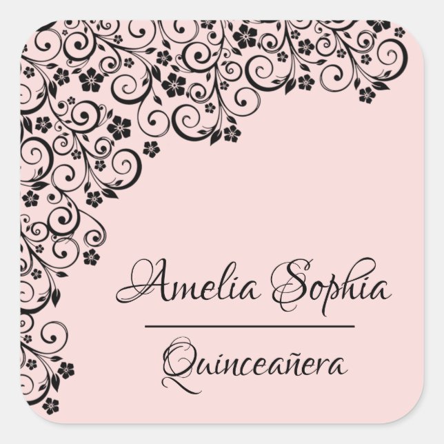 Lacy Elegant Quinceañera Blush Pink und Black Quadratischer Aufkleber (Vorderseite)