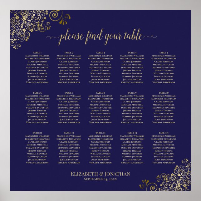 Lacy Gold 15 Table Wedding Seating Chart Navy Blue Poster (Vorne)