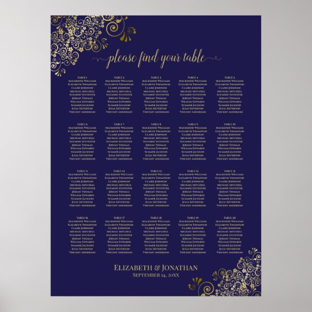 Lacy Gold 20 Table Navy Blue Wedding Seating Chart Poster (Vorne)