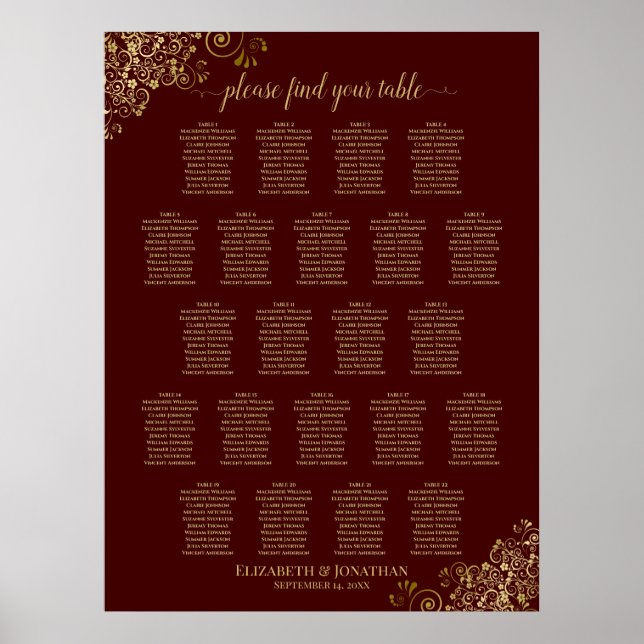 Lacy Gold 22 Table Wedding Seating Chart Brown Poster (Vorne)