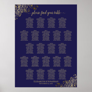 Lacy Gold 22 Table Wedding Seating Chart Navy Blue Poster