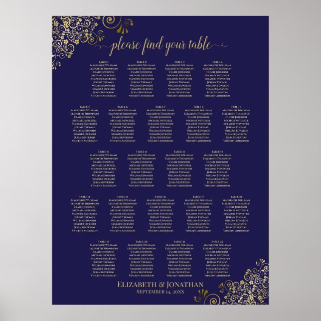Lacy Gold 22 Table Wedding Seating Chart Navy Blue Poster (Vorne)