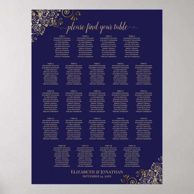 Lacy Gold 23 Table Wedding Seating Chart Navy Blue Poster (Vorne)