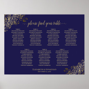 Lacy Gold 7 Table Wedding Chart Navy Blue Poster