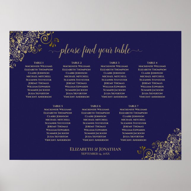 Lacy Gold 7 Table Wedding Chart Navy Blue Poster (Vorne)