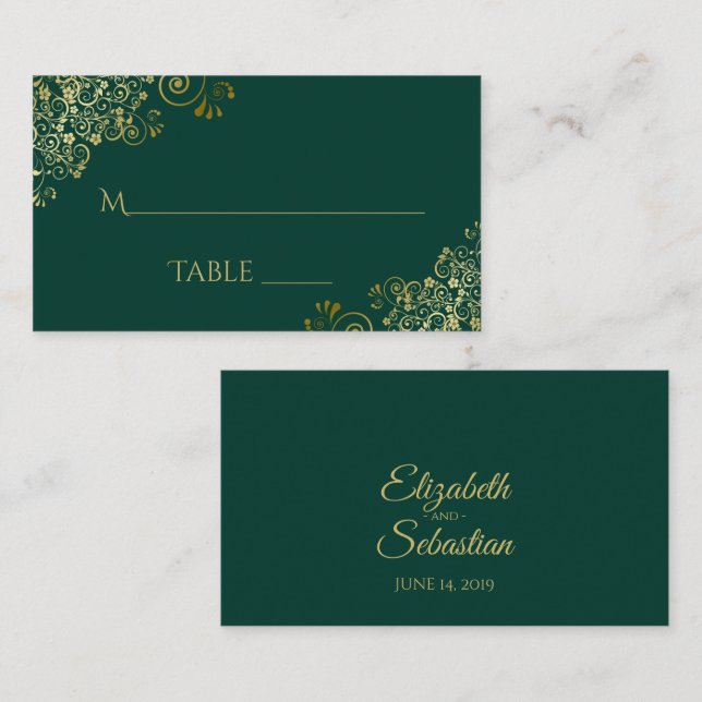 Lacy Gold auf Emerald Green Wedding Escort Card Platzkarte (Vorne/Hinten)