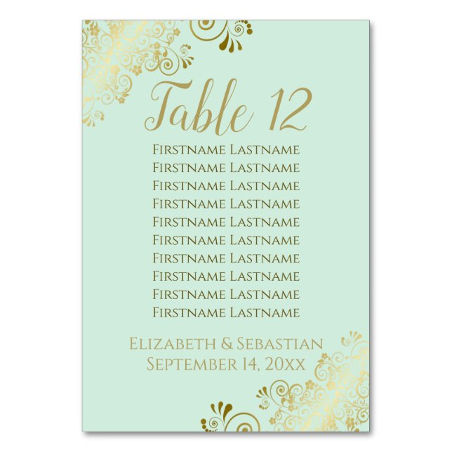 Lacy Gold auf Neo Mint Green Wedding Chart Tischnummer (Vorderseite)