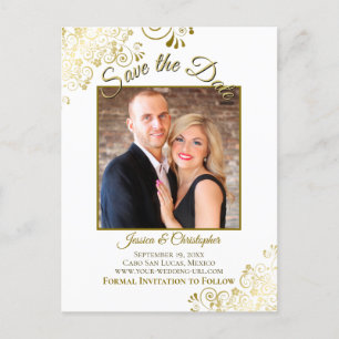 Lacy Gold auf White Wedding Save the Date Foto Ankündigungspostkarte