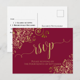 Lacy Gold Calligraphy Burgundy Maroon Wedding RSVP Postkarte