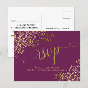 Lacy Gold Calligraphy Cassis Lila Wedding RSVP Postkarte