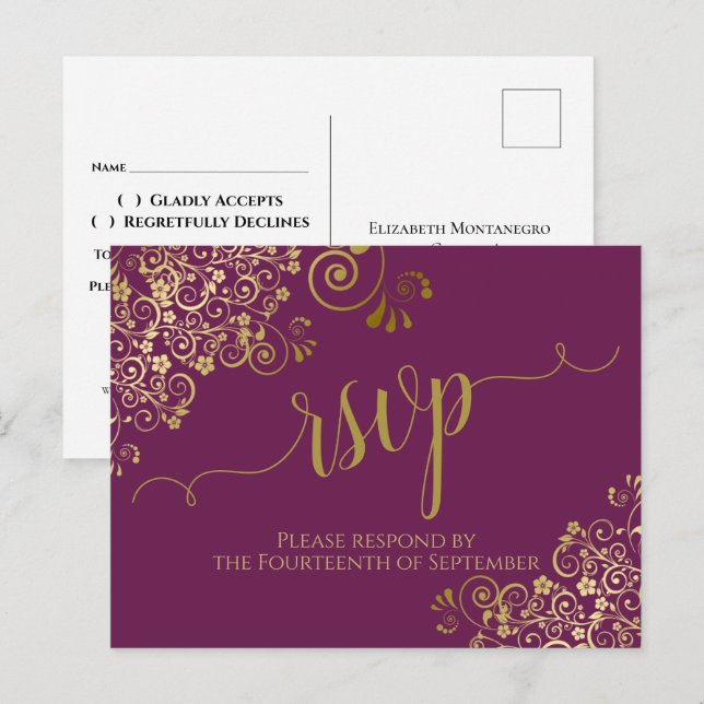 Lacy Gold Calligraphy Cassis Lila Wedding RSVP Postkarte (Vorne/Hinten)