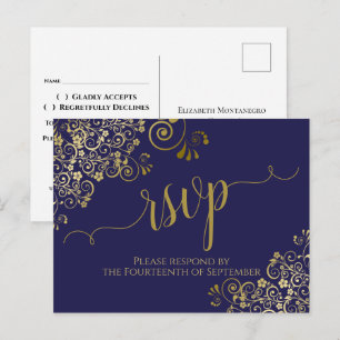 Lacy Gold Calligraphy Chic Navy Blue Wedding RSVP Postkarte