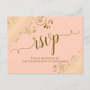 Lacy Gold Calligraphy Coral Peach Wedding RSVP Postkarte