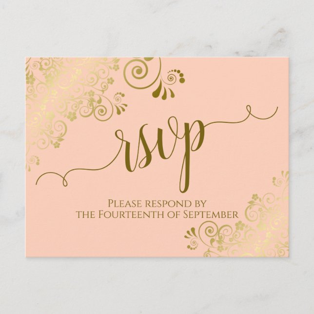 Lacy Gold Calligraphy Coral Peach Wedding RSVP Postkarte (Vorderseite)
