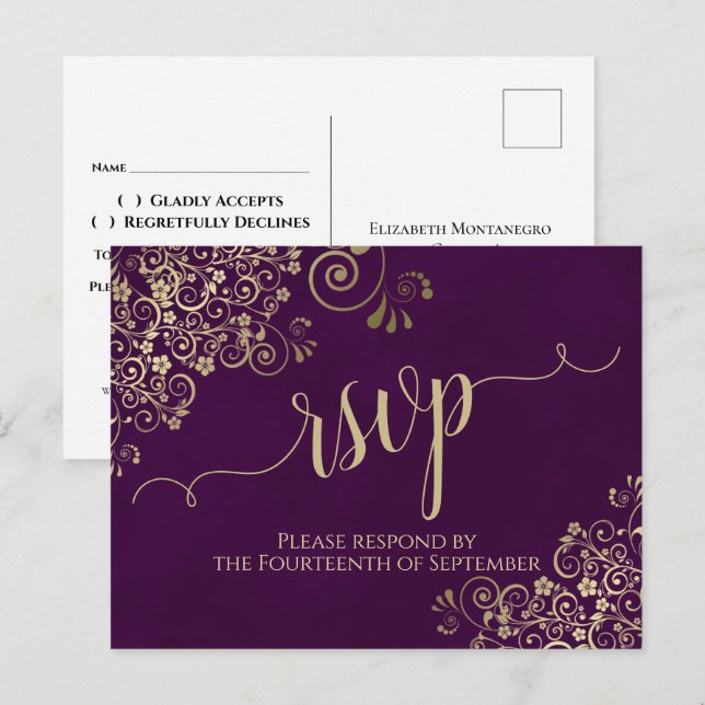 Lacy Gold Calligraphy Elegant Lila Wedding RSVP Postkarte (Vorne/Hinten)