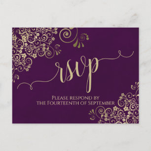 Lacy Gold Calligraphy Elegant Lila Wedding RSVP Postkarte