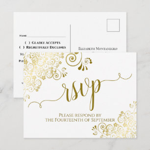 Lacy Gold Calligraphy Elegant White Wedding RSVP Postkarte