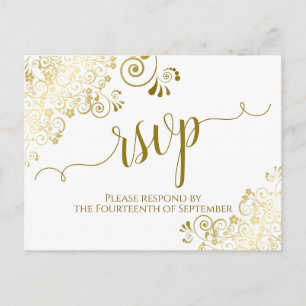 Lacy Gold Calligraphy Elegant White Wedding RSVP Postkarte