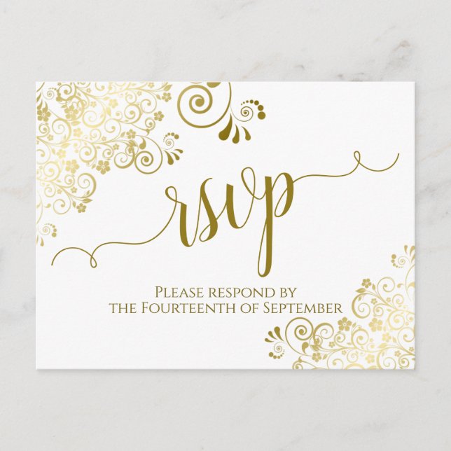 Lacy Gold Calligraphy Elegant White Wedding RSVP Postkarte (Vorderseite)