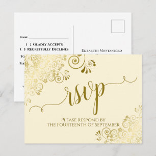 Lacy Gold Calligraphy Elegante Cream Wedding RSVP Postkarte