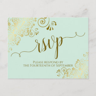 Lacy Gold Calligraphy Neo Mint Green Wedding RSVP Postkarte