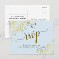 Lacy Gold Calligraphy Powder Blue Wedding RSVP