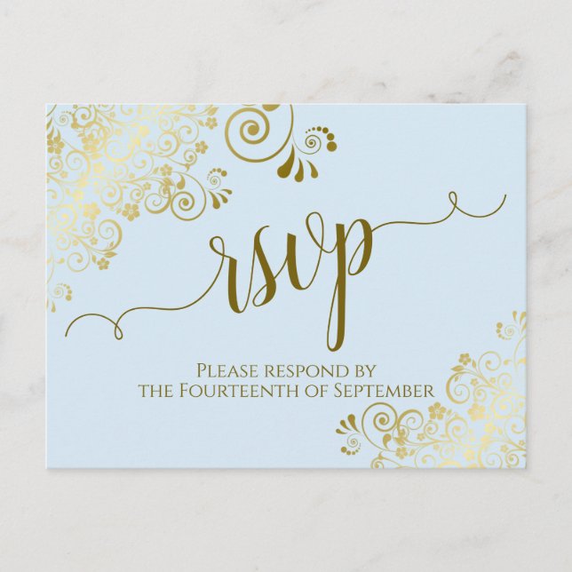 Lacy Gold Calligraphy Powder Blue Wedding RSVP Postkarte (Vorderseite)