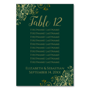 Lacy Gold Chic Emerald Green Wedding Seekarte Tischnummer