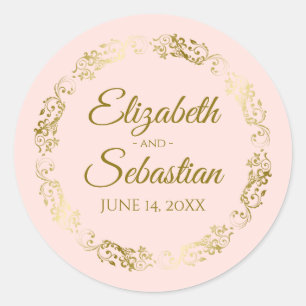 Lacy Gold Filigree Elegante Blush Pink Wedding Runder Aufkleber
