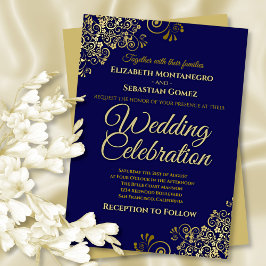 Lacy Gold Filigree on Navy Simple Elegant Wedding Einladung