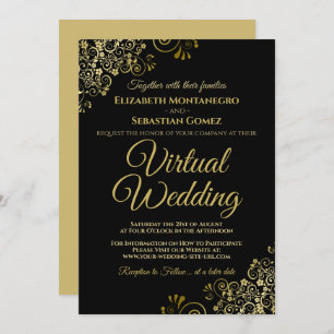 Lacy Gold Frills auf Black Elegant Virtual Wedding Einladung