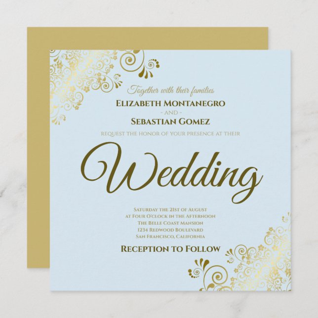 Lacy Gold on Powder Blue Elegante Square Wedding Einladung (Vorne/Hinten)